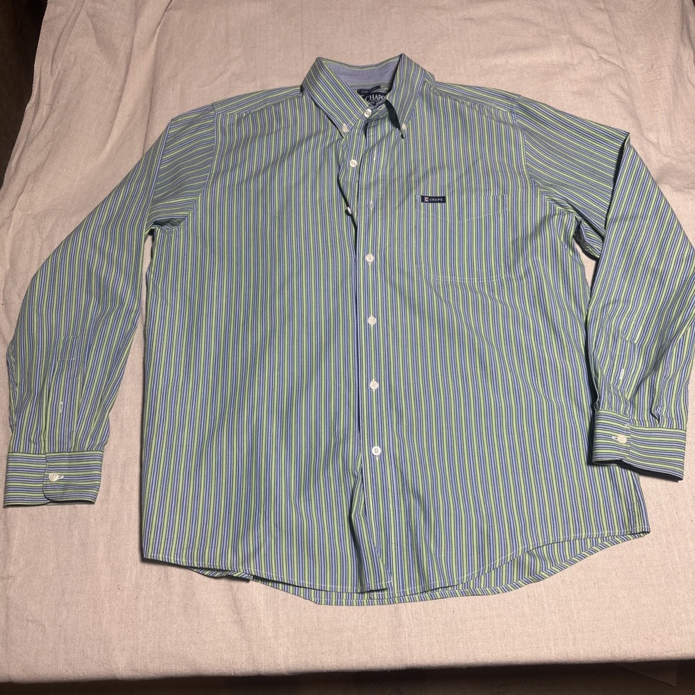 Chaps Easy Care Mens Button Down Shirt Size XL Green Striped Long Sleeve‎ Career